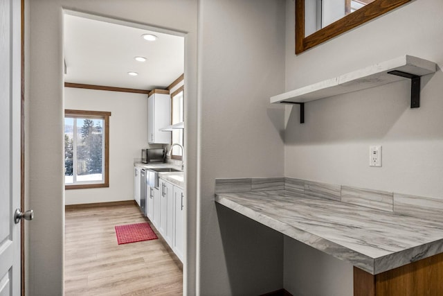 4475 Star Meadows Rd, Whitefish, MT 59937 - kitchen with open shelves, white cabinetry, light wood-type flooring, recessed lighting, and dishwasher