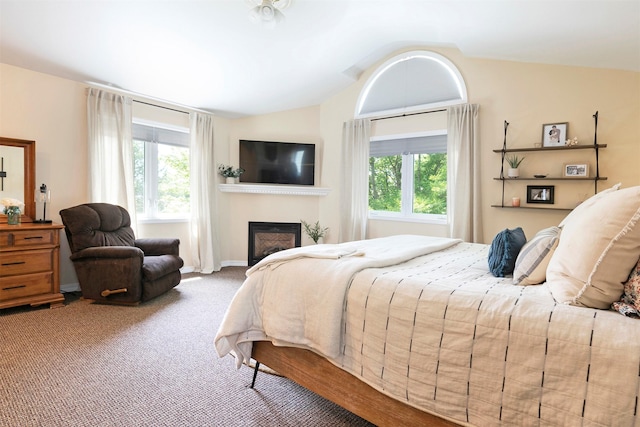 108 Apple House Ln, Missoula, MT 59802 - carpeted bedroom with lofted ceiling and a fireplace