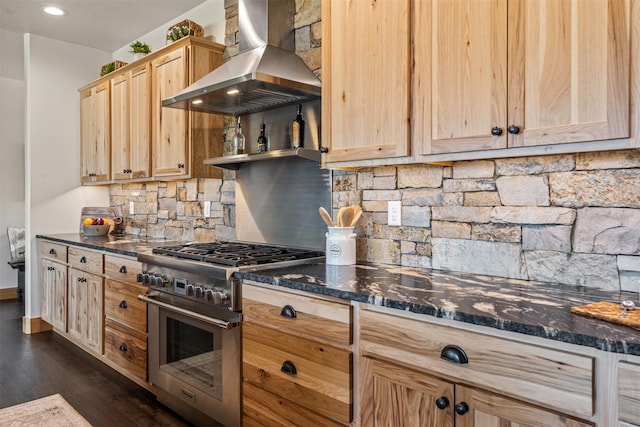 559 Stage Springs Ln, Stevensville, MT 59870 - kitchen featuring high end stove, island exhaust hood, light brown cabinets, decorative backsplash, and dark wood-style flooring