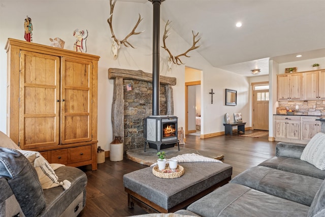 559 Stage Springs Ln, Stevensville, MT 59870 - living room featuring a wood stove, dark wood-type flooring, lofted ceiling, and recessed lighting