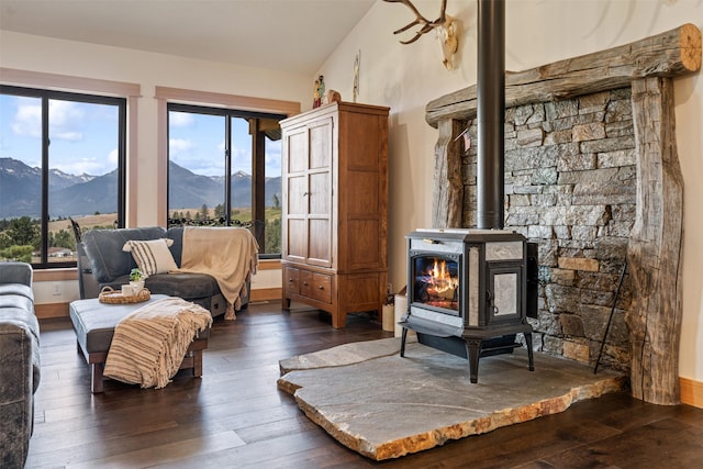 559 Stage Springs Ln, Stevensville, MT 59870 - living room featuring a mountain view, a wood stove, dark wood-style floors, and healthy amount of natural light