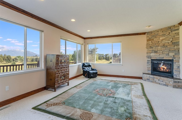 46452 Stagecoach Trl, Ronan, MT 59864 - sitting room featuring carpet, healthy amount of natural light, crown molding, a fireplace, and a mountain view
