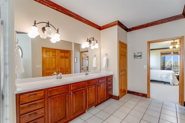 46452 Stagecoach Trl, Ronan, MT 59864 - bathroom with double vanity, ornamental molding, tile patterned floors, a chandelier, and connected bathroom