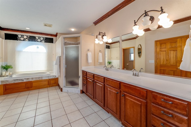 46452 Stagecoach Trl, Ronan, MT 59864 - bathroom featuring a stall shower, a garden tub, double vanity, tile patterned flooring, and plenty of natural light