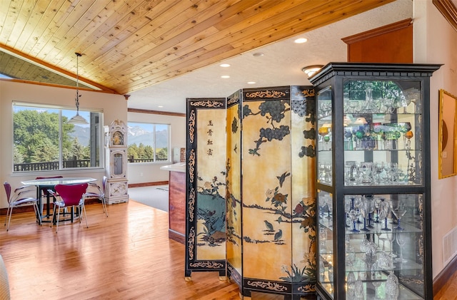46452 Stagecoach Trl, Ronan, MT 59864 - foyer featuring wood finished floors, wood ceiling, ornamental molding, vaulted ceiling, and recessed lighting