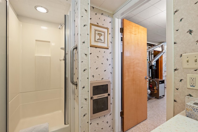 209 Spruce St, Anaconda, MT 59711 - bathroom with wallpapered walls, heating unit, a shower stall, and ornamental molding