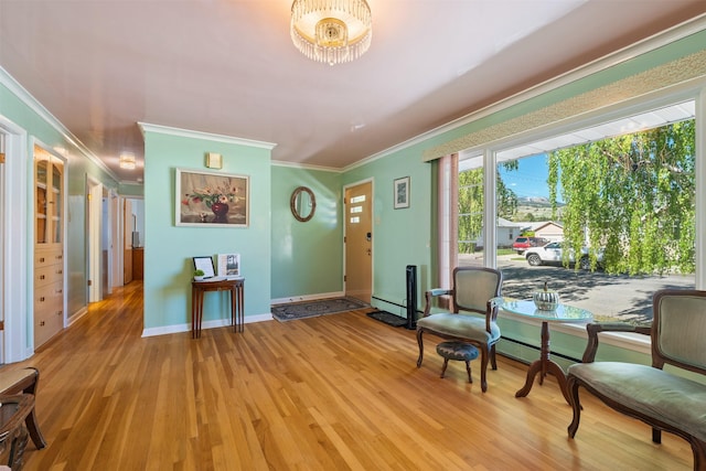 209 Spruce St, Anaconda, MT 59711 - foyer entrance featuring crown molding, light wood-style floors, and a baseboard radiator