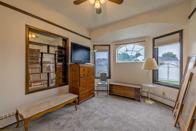 1414 Boulder Ave, Helena, MT 59601 - living area with a baseboard radiator, a baseboard heating unit, carpet flooring, a textured ceiling, and ceiling fan