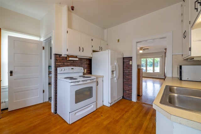 1414 Boulder Ave, Helena, MT 59601 - kitchen featuring white appliances, light wood finished floors, light countertops, white cabinets, and a ceiling fan
