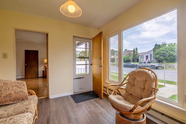 1414 Boulder Ave, Helena, MT 59601 - doorway to outside with wood finished floors, baseboard heating, and a baseboard radiator