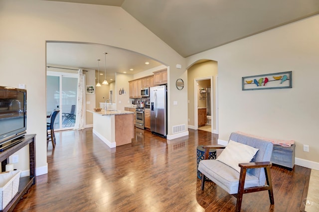2871 Alexis Ave, Helena, MT 59601 - kitchen featuring stainless steel appliances, arched walkways, lofted ceiling, an island with sink, and light stone countertops