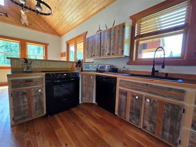 670GUSCREEK Gus Creek Rd, Yaak, MT 59935 - kitchen with black appliances, plenty of natural light, dark wood-type flooring, vaulted ceiling, and wooden ceiling