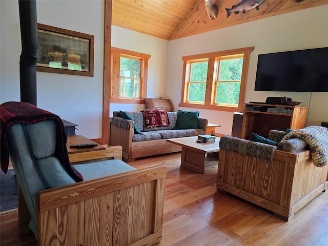 670GUSCREEK Gus Creek Rd, Yaak, MT 59935 - living area with vaulted ceiling, light wood-type flooring, and wood ceiling