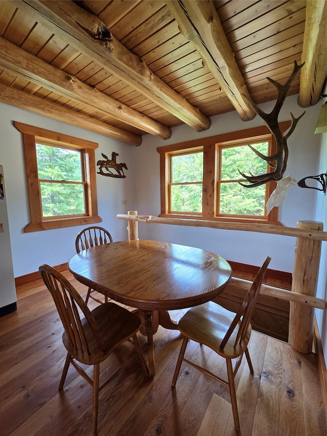 670GUSCREEK Gus Creek Rd, Yaak, MT 59935 - dining area featuring a wood ceiling with exposed beams and hardwood / wood-style floors