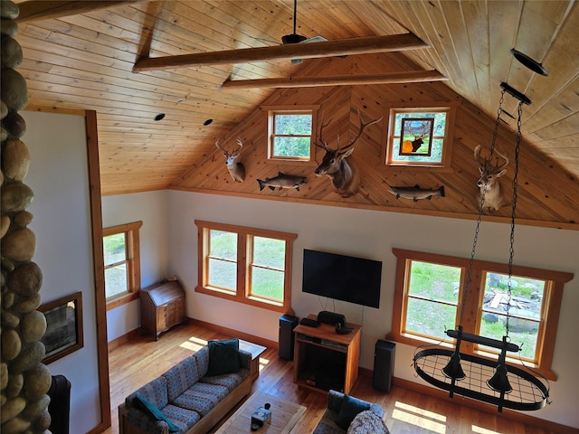 670GUSCREEK Gus Creek Rd, Yaak, MT 59935 - living room featuring wooden ceiling, lofted ceiling, plenty of natural light, and wood finished floors