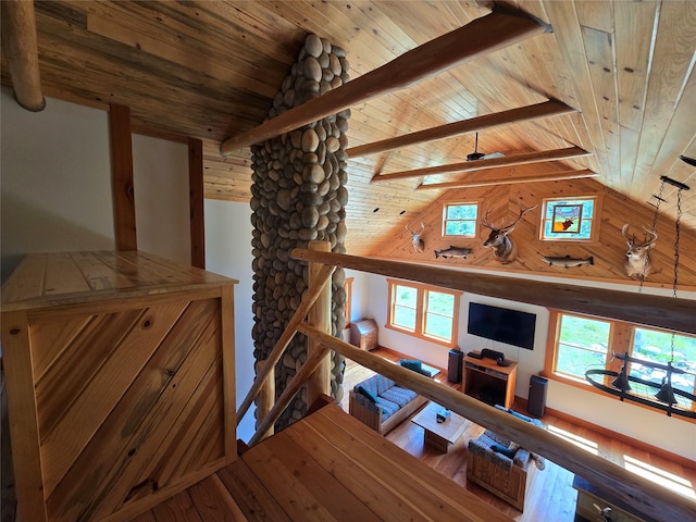670GUSCREEK Gus Creek Rd, Yaak, MT 59935 - stairway featuring wooden ceiling and high vaulted ceiling