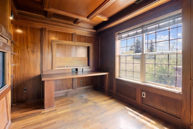 54 Bluebird Dr, Kalispell, MT 59901 - unfurnished office featuring wood walls, a wooden ceiling with exposed beams, coffered ceiling, light wood finished floors, and built in study area