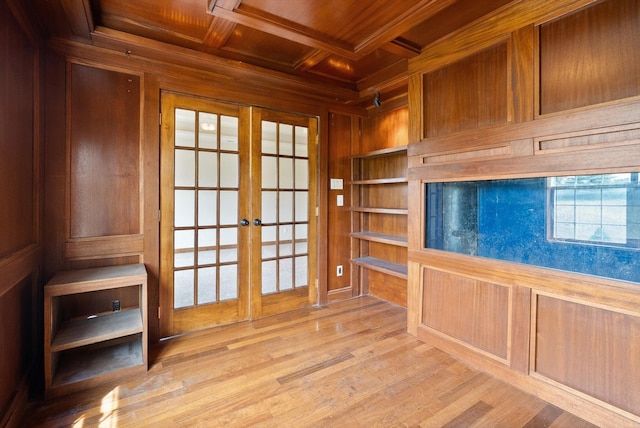 54 Bluebird Dr, Kalispell, MT 59901 - unfurnished office with a wooden ceiling with exposed beams, wood walls, french doors, wood finished floors, and coffered ceiling