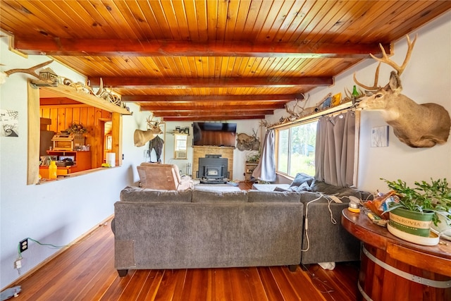 38534 US Highway 2, Libby, MT 59923 - living area featuring dark wood-style floors, a wood stove, and a wooden ceiling with exposed beams