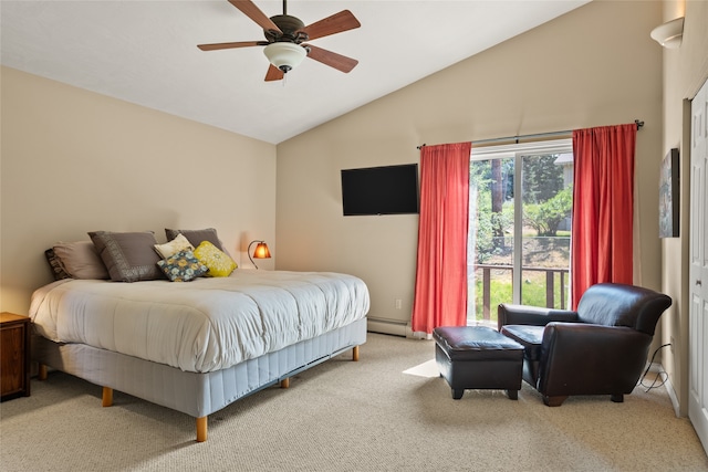 4280 Fox Farm Rd, Missoula, MT 59802 - bedroom with carpet flooring, baseboard heating, ceiling fan, and high vaulted ceiling