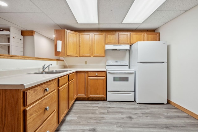 378 Last Best Pl, Kalispell, MT 59901 - kitchen featuring white appliances, under cabinet range hood, a paneled ceiling, light wood-type flooring, and light countertops