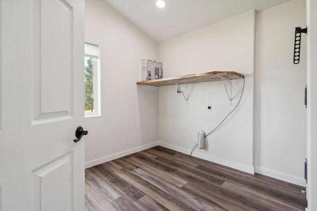 378 Last Best Pl, Kalispell, MT 59901 - laundry area featuring hookup for an electric dryer, dark wood-style flooring, hookup for a washing machine, and recessed lighting