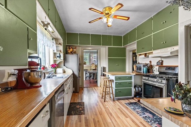 407 1st Ave W, Eureka, MT 59917 - kitchen featuring under cabinet range hood, appliances with stainless steel finishes, green cabinets, light wood finished floors, and a ceiling fan