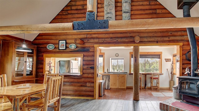 18998 Oris Ln, Florence, MT 59833 - dining space featuring a wood stove, light wood-style floors, and log walls