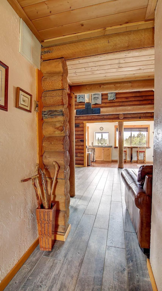 18998 Oris Ln, Florence, MT 59833 - hallway with wood ceiling, hardwood / wood-style floors, a textured wall, and log walls