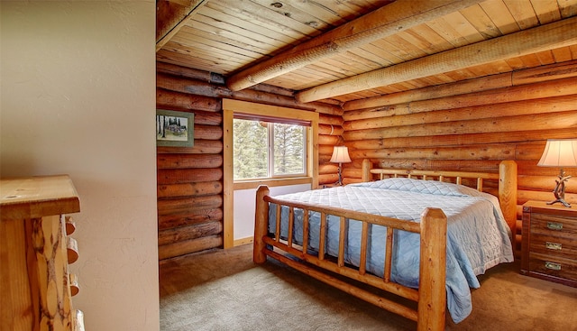 18998 Oris Ln, Florence, MT 59833 - carpeted bedroom with a wood ceiling with exposed beams and rustic walls