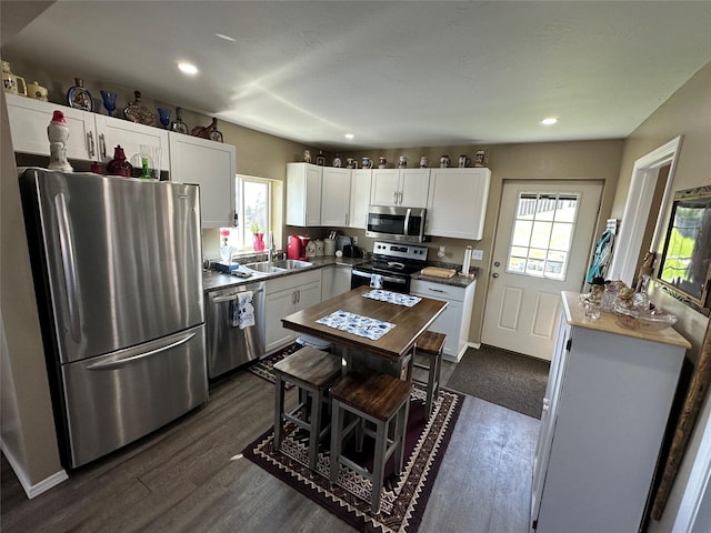 34 E Summit St, Butte, MT 59701 - kitchen featuring appliances with stainless steel finishes, plenty of natural light, dark wood finished floors, white cabinets, and recessed lighting