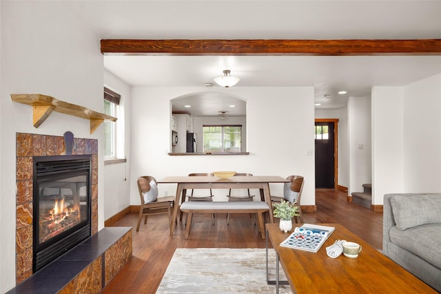 443 Karrow Ave, Whitefish, MT 59937 - living room with wood finished floors, healthy amount of natural light, a tile fireplace, and recessed lighting