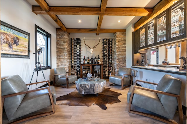 155 Peacemaker Rdg, Belt, MT 59412 - wine area featuring light wood-style flooring, beam ceiling, coffered ceiling, and recessed lighting