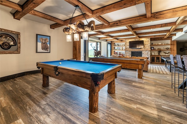 155 Peacemaker Rdg, Belt, MT 59412 - rec room with coffered ceiling, wood finished floors, beamed ceiling, pool table, and a fireplace
