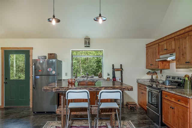 983 Lake Dr, Columbia Falls, MT 59912 - kitchen with appliances with stainless steel finishes, under cabinet range hood, concrete flooring, healthy amount of natural light, and lofted ceiling