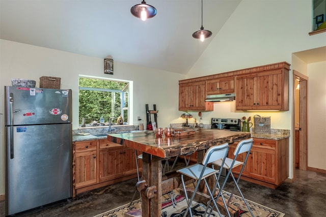 983 Lake Dr, Columbia Falls, MT 59912 - kitchen featuring stainless steel appliances, finished concrete floors, under cabinet range hood, high vaulted ceiling, and brown cabinetry