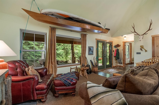 983 Lake Dr, Columbia Falls, MT 59912 - living room featuring high vaulted ceiling