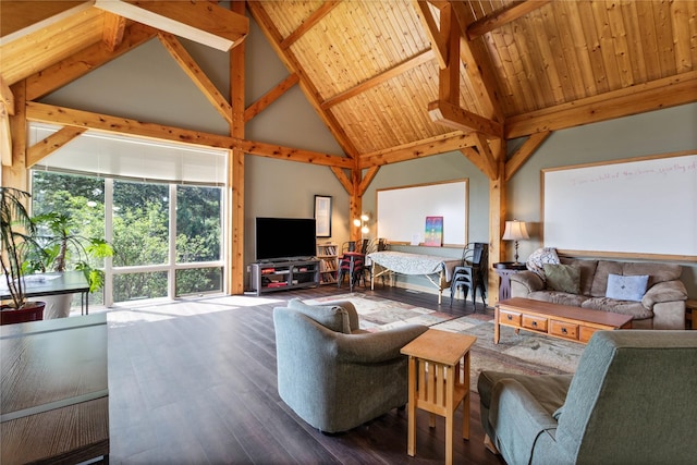 100 Deep Bay Dr, Lakeside, MT 59922 - living area featuring high vaulted ceiling, wood finished floors, and a wooden ceiling with exposed beams