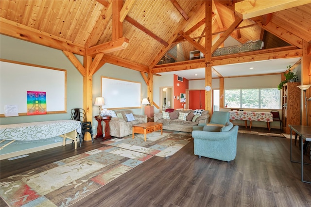 100 Deep Bay Dr, Lakeside, MT 59922 - living area with high vaulted ceiling, wood finished floors, and a wooden ceiling with exposed beams
