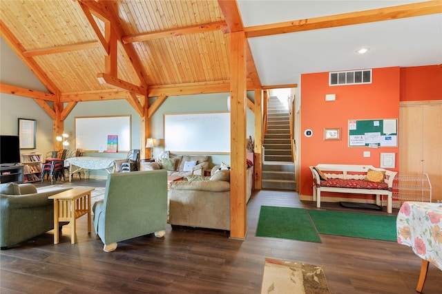 100 Deep Bay Dr, Lakeside, MT 59922 - living room featuring beamed ceiling, stairs, wood finished floors, high vaulted ceiling, and recessed lighting