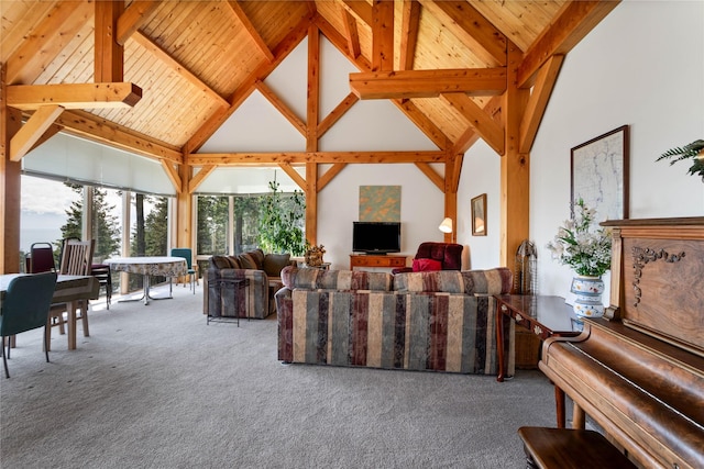100 Deep Bay Dr, Lakeside, MT 59922 - living area with carpet flooring, high vaulted ceiling, and a wood ceiling with exposed beams
