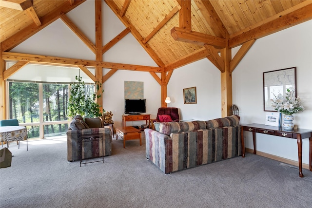 100 Deep Bay Dr, Lakeside, MT 59922 - carpeted living room with high vaulted ceiling and a wooden ceiling with exposed beams