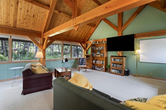100 Deep Bay Dr, Lakeside, MT 59922 - living area featuring carpet, a wood ceiling with exposed beams, and high vaulted ceiling