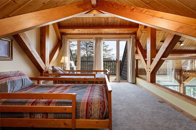 100 Deep Bay Dr, Lakeside, MT 59922 - bedroom featuring carpet flooring, access to exterior, and wood ceiling