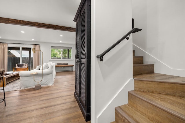 441/443 Karrow Ave, Whitefish, MT 59937 - stairway with wood finished floors, recessed lighting, and beam ceiling