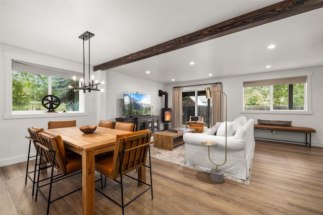 441/443 Karrow Ave, Whitefish, MT 59937 - dining room featuring wood finished floors, recessed lighting, beamed ceiling, and a chandelier