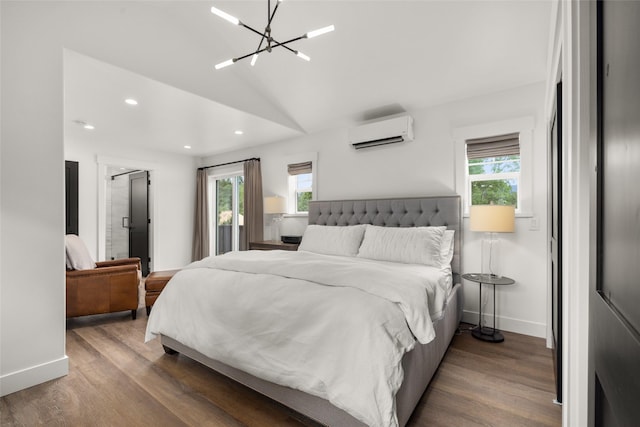 441/443 Karrow Ave, Whitefish, MT 59937 - bedroom featuring a wall mounted AC, wood finished floors, recessed lighting, lofted ceiling, and a chandelier
