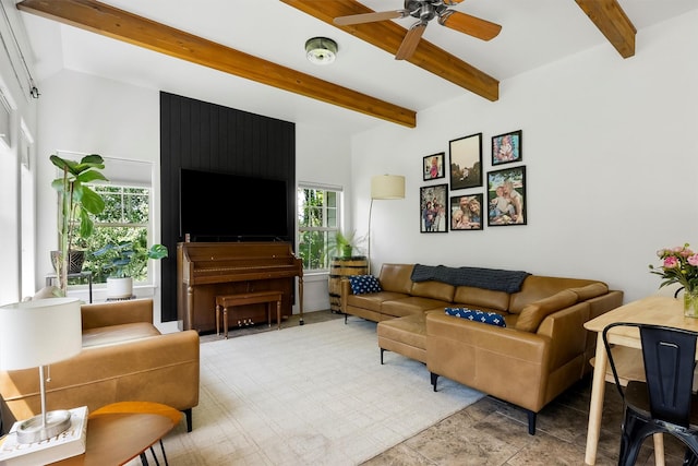 5014 Eastside Hwy, Stevensville, MT 59870 - living area featuring beam ceiling and ceiling fan