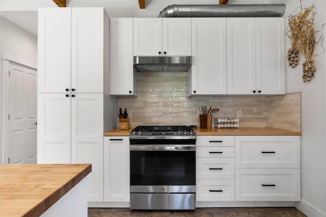 5014 Eastside Hwy, Stevensville, MT 59870 - kitchen featuring gas stove, wood counters, under cabinet range hood, and backsplash