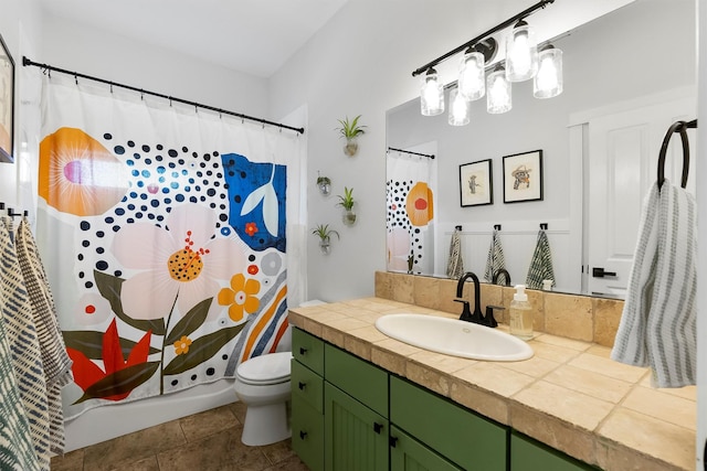 5014 Eastside Hwy, Stevensville, MT 59870 - full bathroom featuring vanity, a shower with shower curtain, a chandelier, and tile patterned flooring